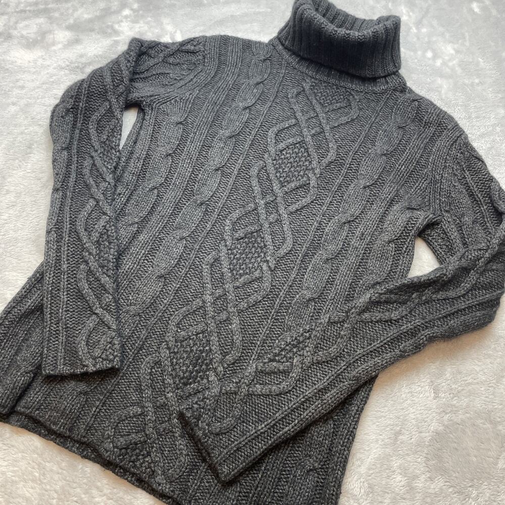 Eddie Bauer Womens Cable Knit Sweater S Charcoal Wool Blend Turtleneck Academia